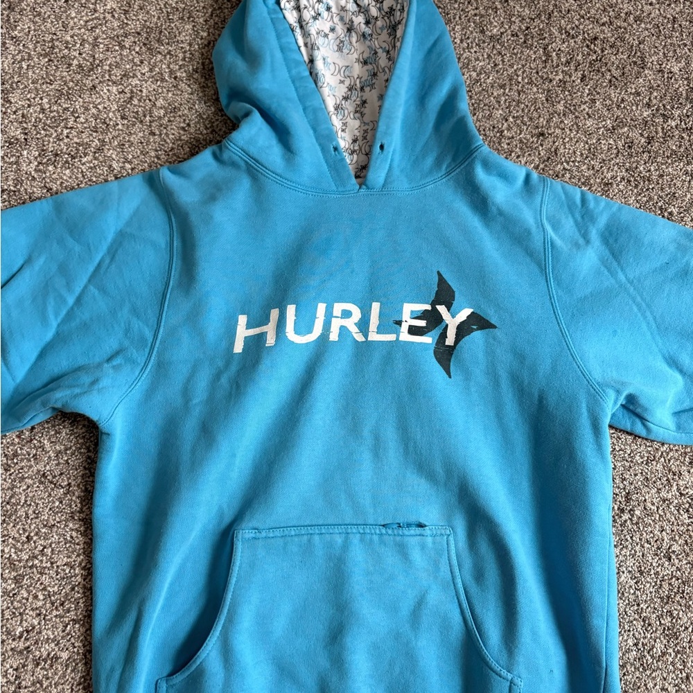 hurley Light Blue and Black Patterned Hoodie